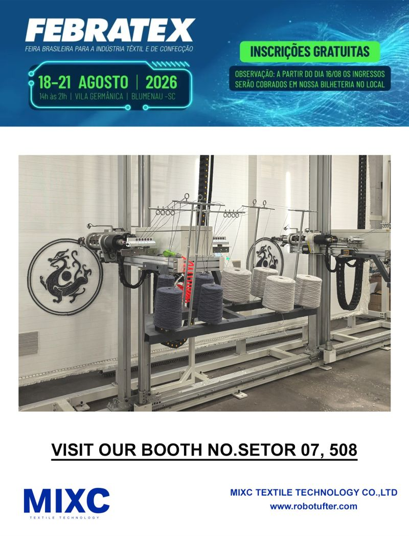 MIXC Textile robotic tufting machine displayed at FEBRATEX 2026 Booth SETOR 07, 508 in Brazil